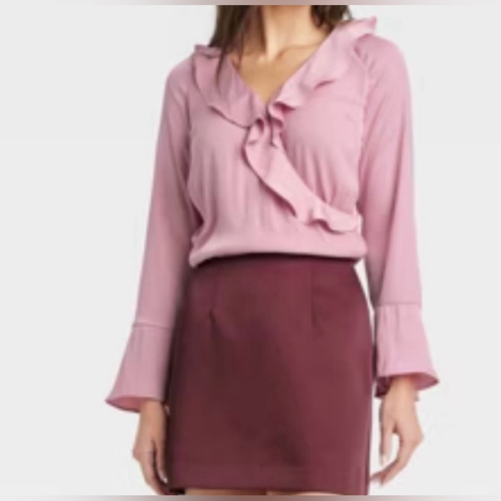 A New Day Pink Ruffled Wrap Blouse